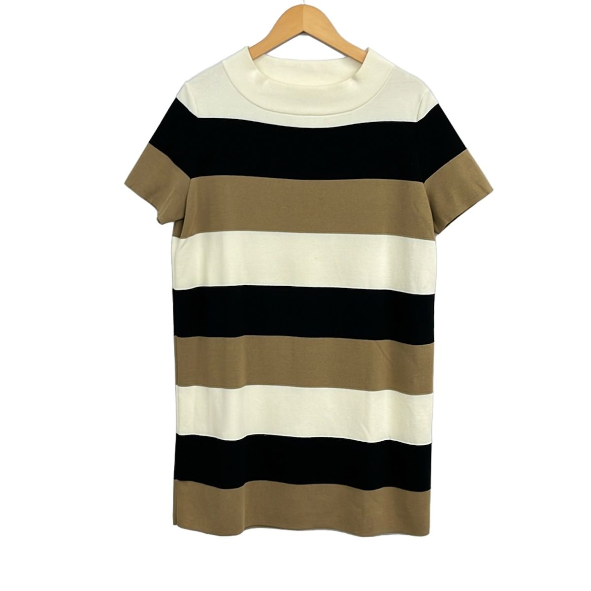 Max Mara(マックスマーラ) ワンピース サイズM レディース - アイボリー×黒×ブラウン クルーネック/半袖/ひざ丈/ニット/ボーダー