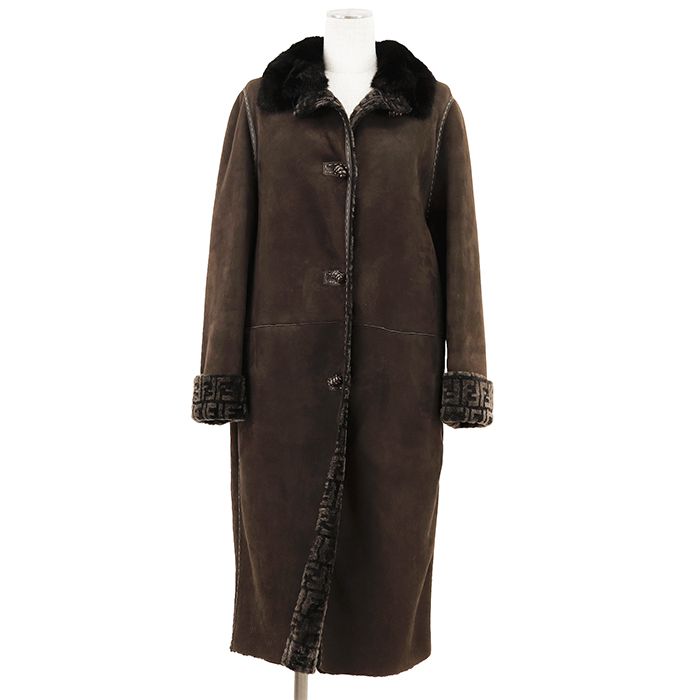【極美品】FENDI フェンディ ファーコート サイズ 42 レディース シープ ミンクファーカラー レザー アウター ダークブラウン 茶色 イタリア製