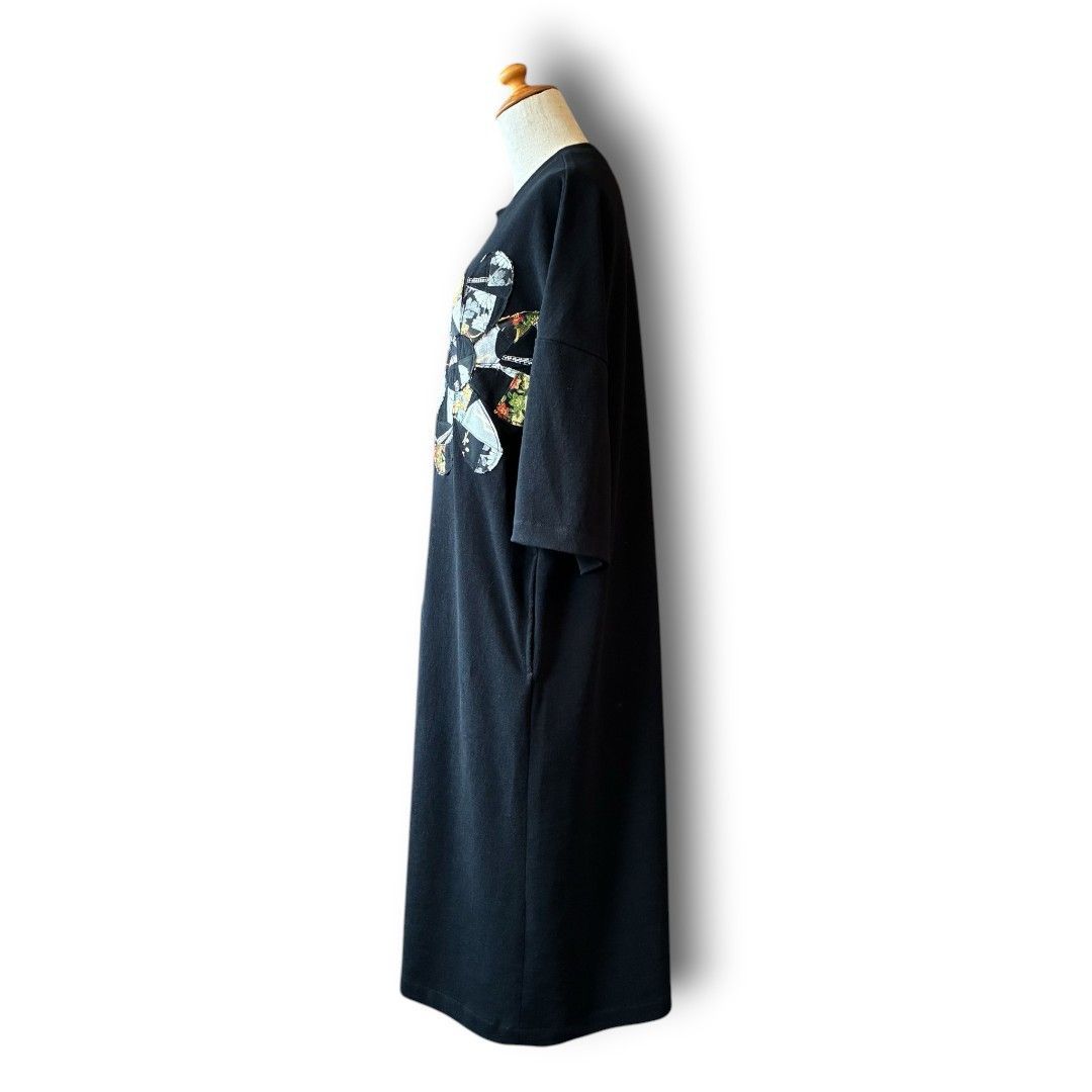 着物リメイクワンピース3746 黒留袖パッチワークフラワーTシャツワンピース 一点物｜着物リメイク