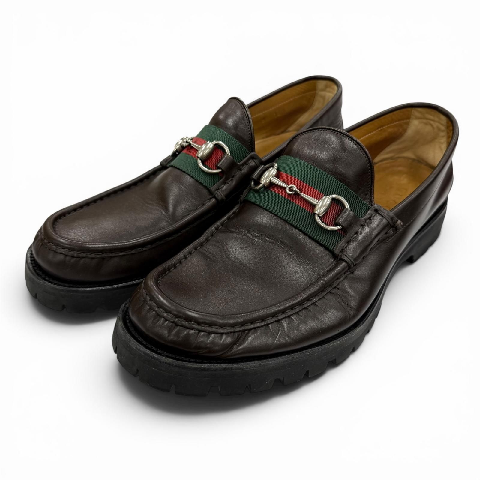 美品▲GUCCI グッチ 496246 ウェブライン ホースビットローファー レザーシューズ ブラウン シルバー金具 9 イタリア製 メンズ