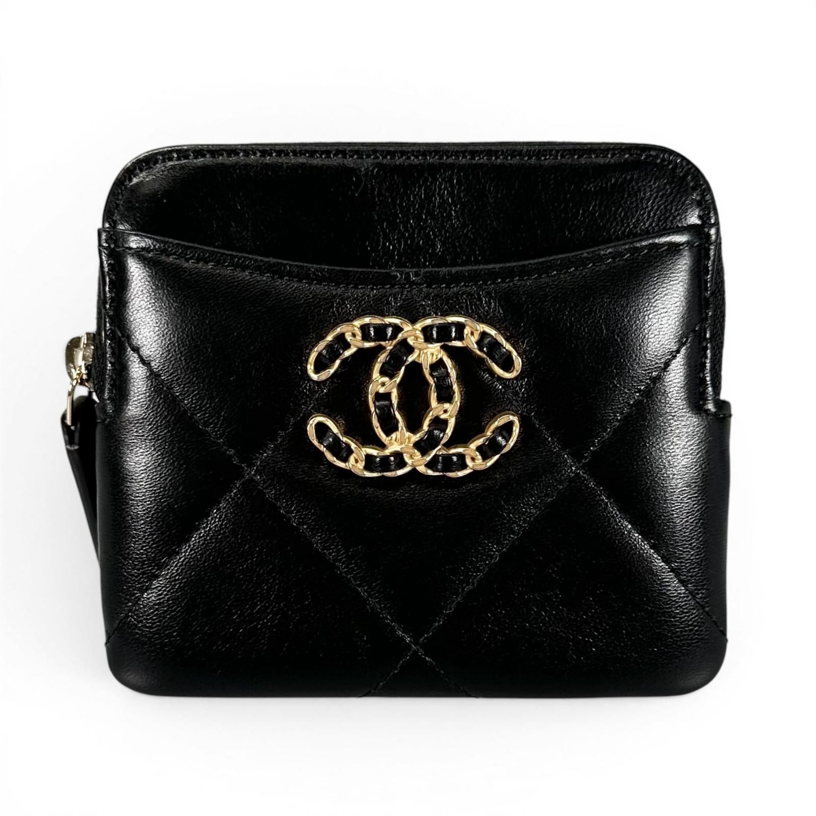 極美品▲CHANEL シャネル ラムスキン Leather コインパース ミニウォレット ランダム番 ココマーク コインケース ブラック ゴールド イタリア製 レディース