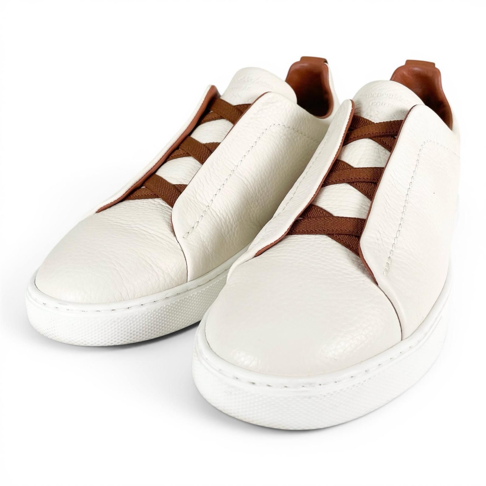 極美品▲Ermenegildo Zegna エルメネジルド ゼニア A4667X Triple Stitch ディアスキン Leather ローカットスニーカー ホワイト ブラウン 7 イタリア製 メンズ