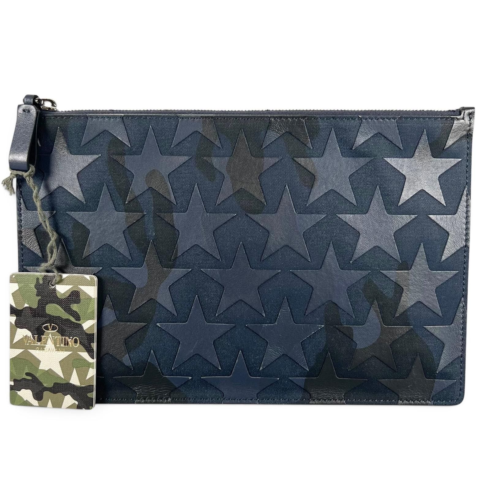 未使用品▲Valentino Garavani ヴァレンティノガラヴァーニ MY2P0483GAC レザー カモフラ スター クラッチバッグ ネイビー UNI イタリア製 メンズ 箱付き