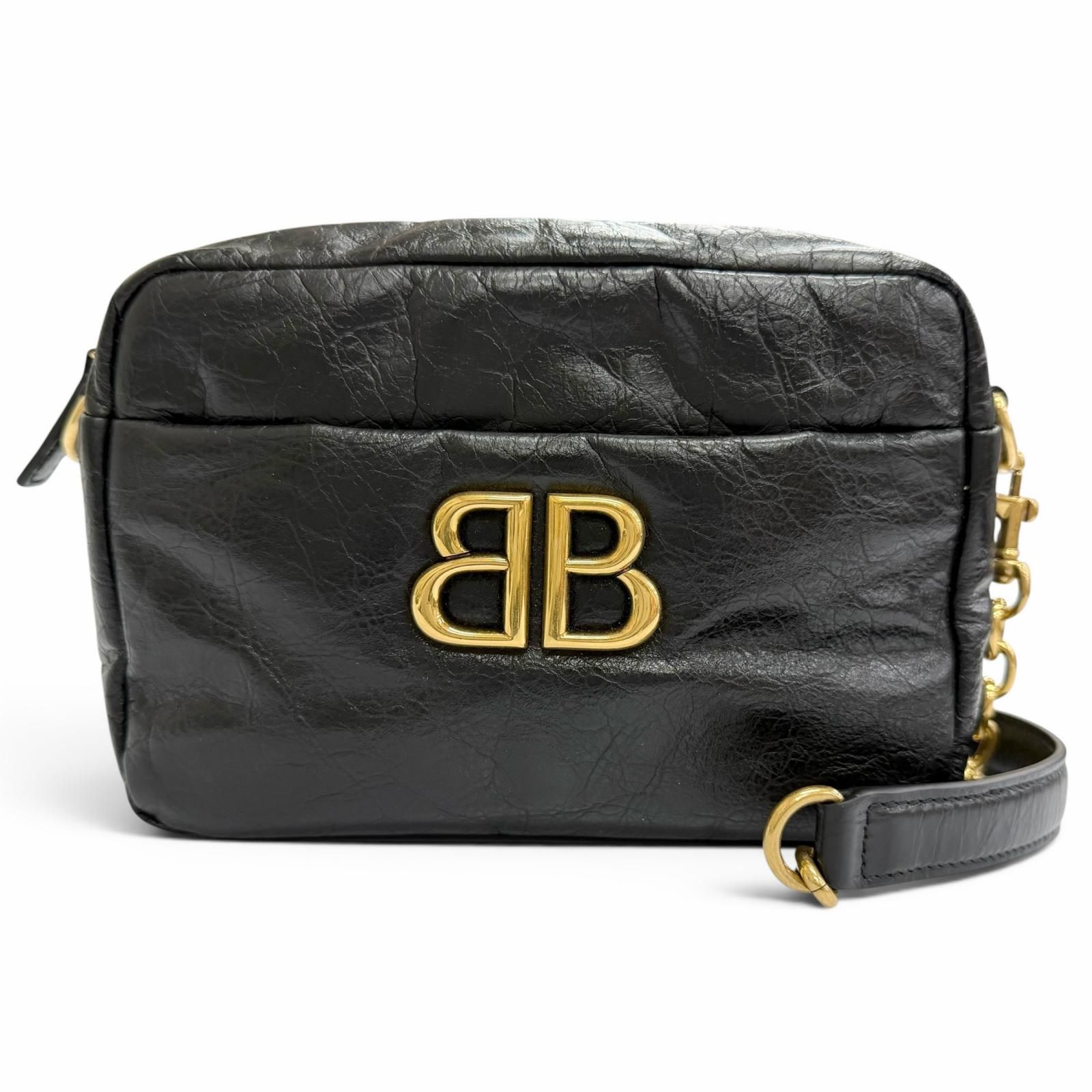 極美品△BALENCIAGA バレンシアガ 806459 モナコ アリーナカーフスキン カメラバッグ チェーン ショルダーバッグ ブラック アンティークゴールド金具 イタリア製 レディース