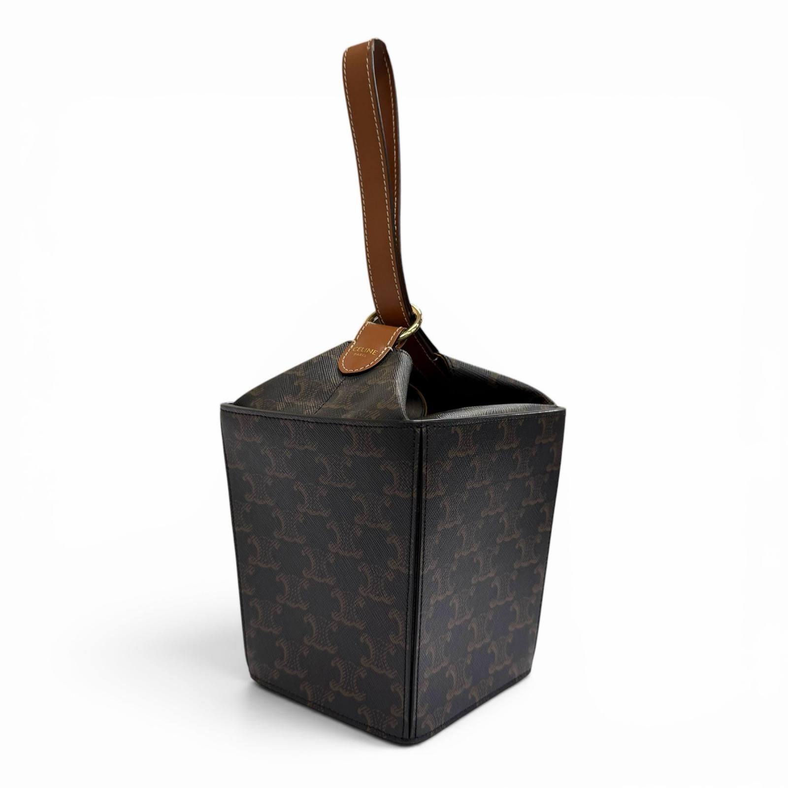 極美品△CELINE セリーヌ 19714 ストラップボックス トリオンフキャンバス ハンドバッグ ハンドバッグ タン ブラウン イタリア製 レディース オススメ◎