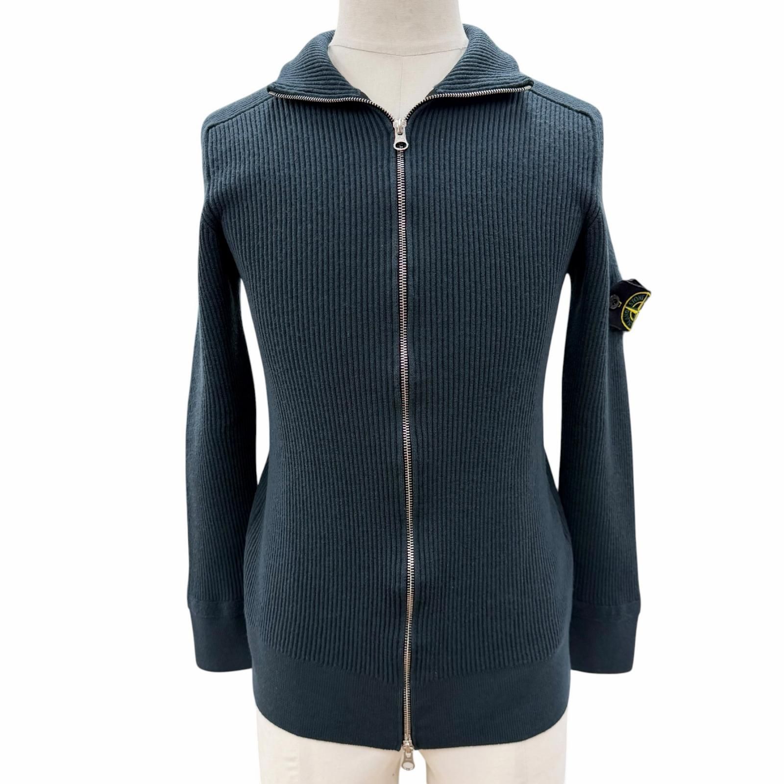 美品▼STONE ISLAND ストーンアイランド 7715519C2 ウール100% ロゴワッペン ダブルジップアップ ドライバーズニット ブルゾン グリーン系 XL 正規品 メンズ