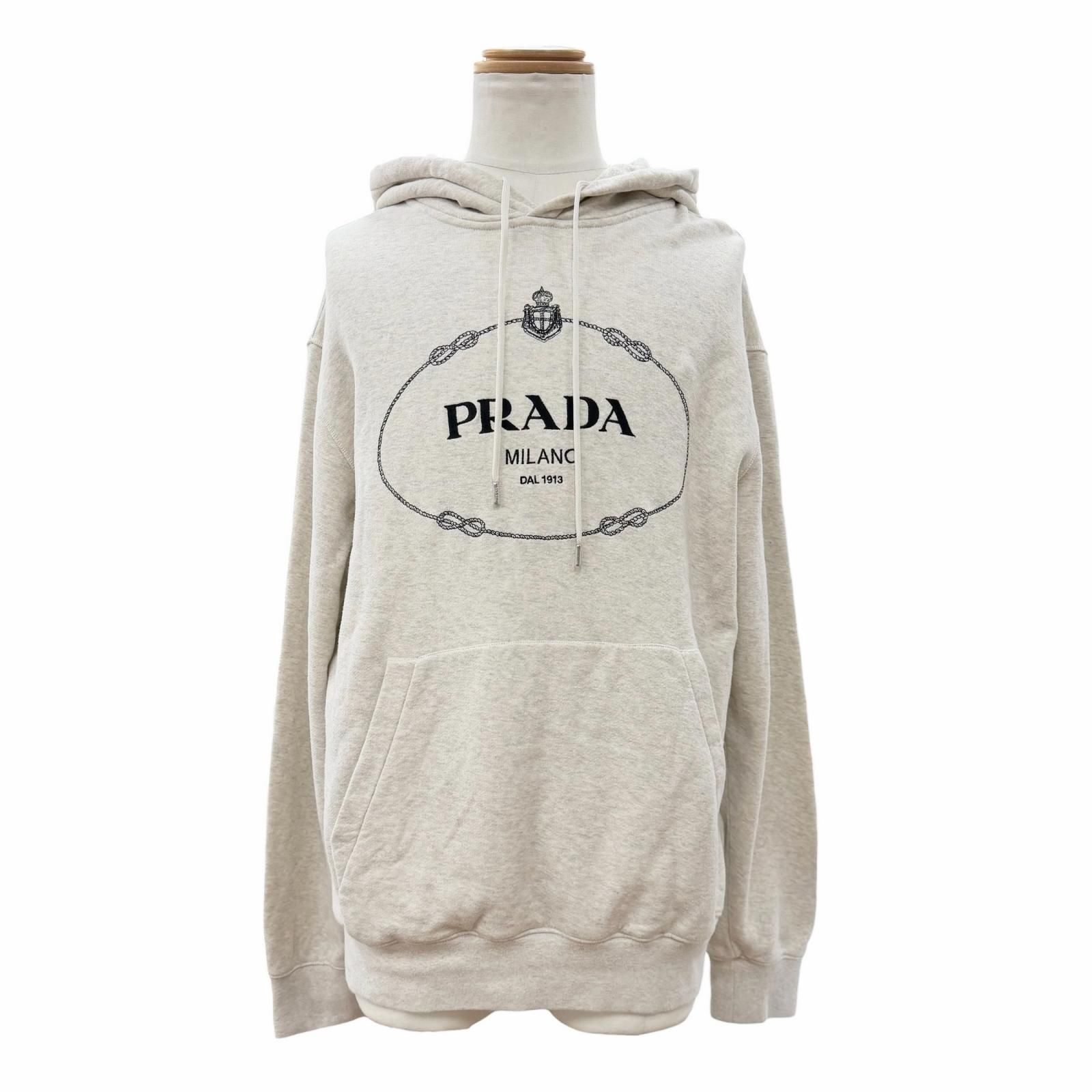 美品▼PRADA プラダ 2023年製 UJL24B コットン100% フロントロゴプリント プルオーバー パーカー ライトグレー M 正規品 メンズ