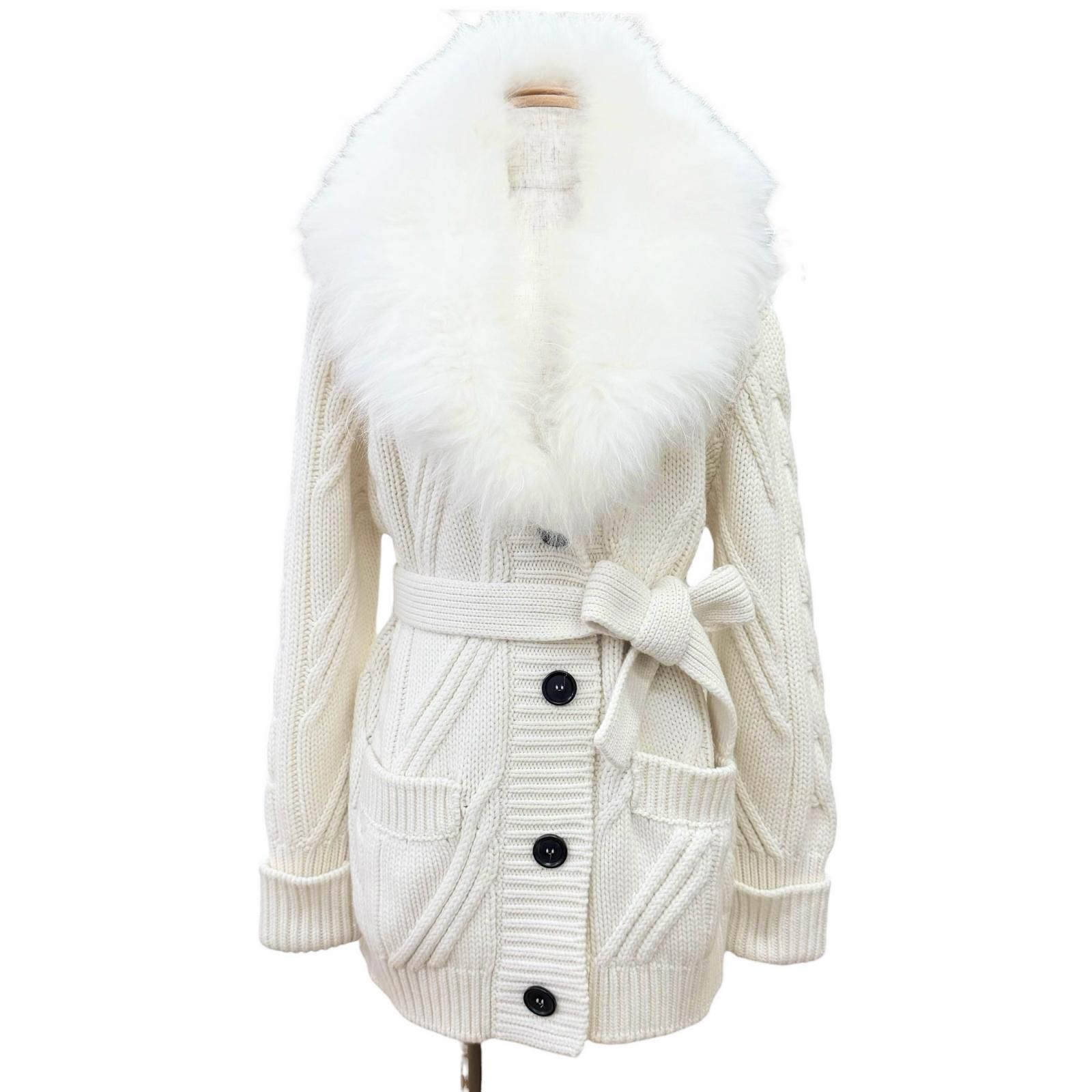美品△PRADA プラダ P25G67 カシミヤ100％ ラムファー ベルト付き ケーブルニットコート アイボリー 36 イタリア製 正規品 レディース