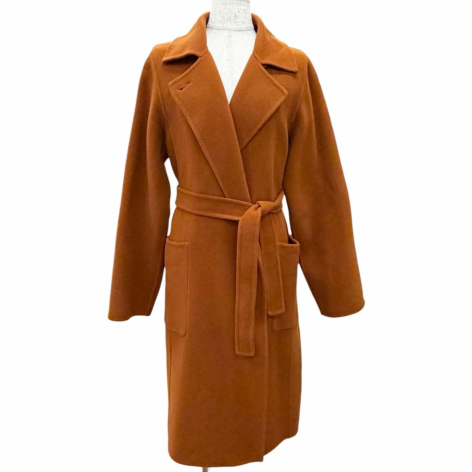 極美品△Max Mara マックスマーラ 10163093 クチートアマーノ アンゴラ カシミヤ混 ロゴボタン ベルトラップコート ブラウン 40 イタリア製 正規品 レディース