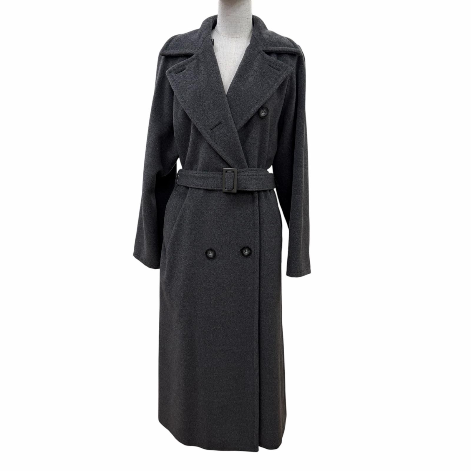極美品☆Max Mara マックスマーラ バージンウール カシミヤ混 ベルト付 ロング丈 ベルトラップ コート グレー 40 イタリア製 レディース