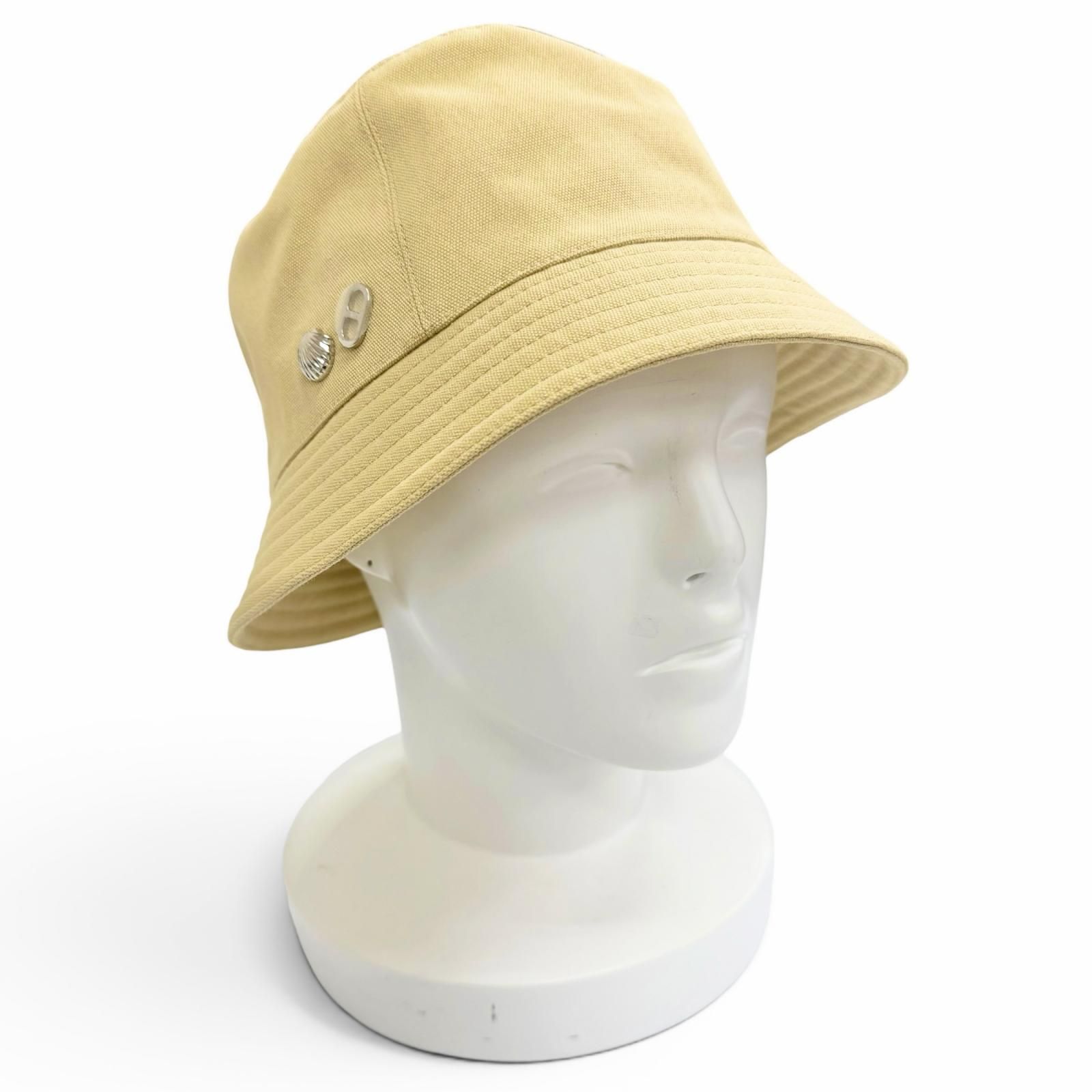 未使用品△HERMES エルメス カルヴィ シーシェル コットン100％ シルバー金具 シェーヌダンクル バケットハット 帽子 ベージュ 58 フランス製 正規品 レディース 保存袋付き