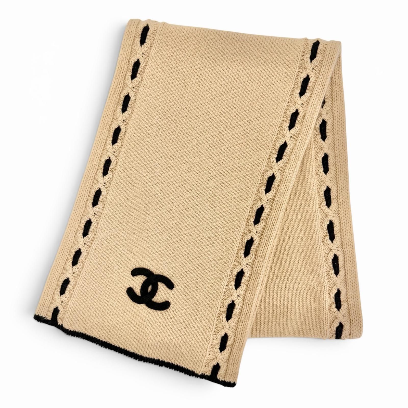 極美品△CHANEL シャネル 25A AAB111 B20763 カシミヤ100％ ココマーク ロング マフラー ストール ベージュ ブラック イギリス製 レディース
