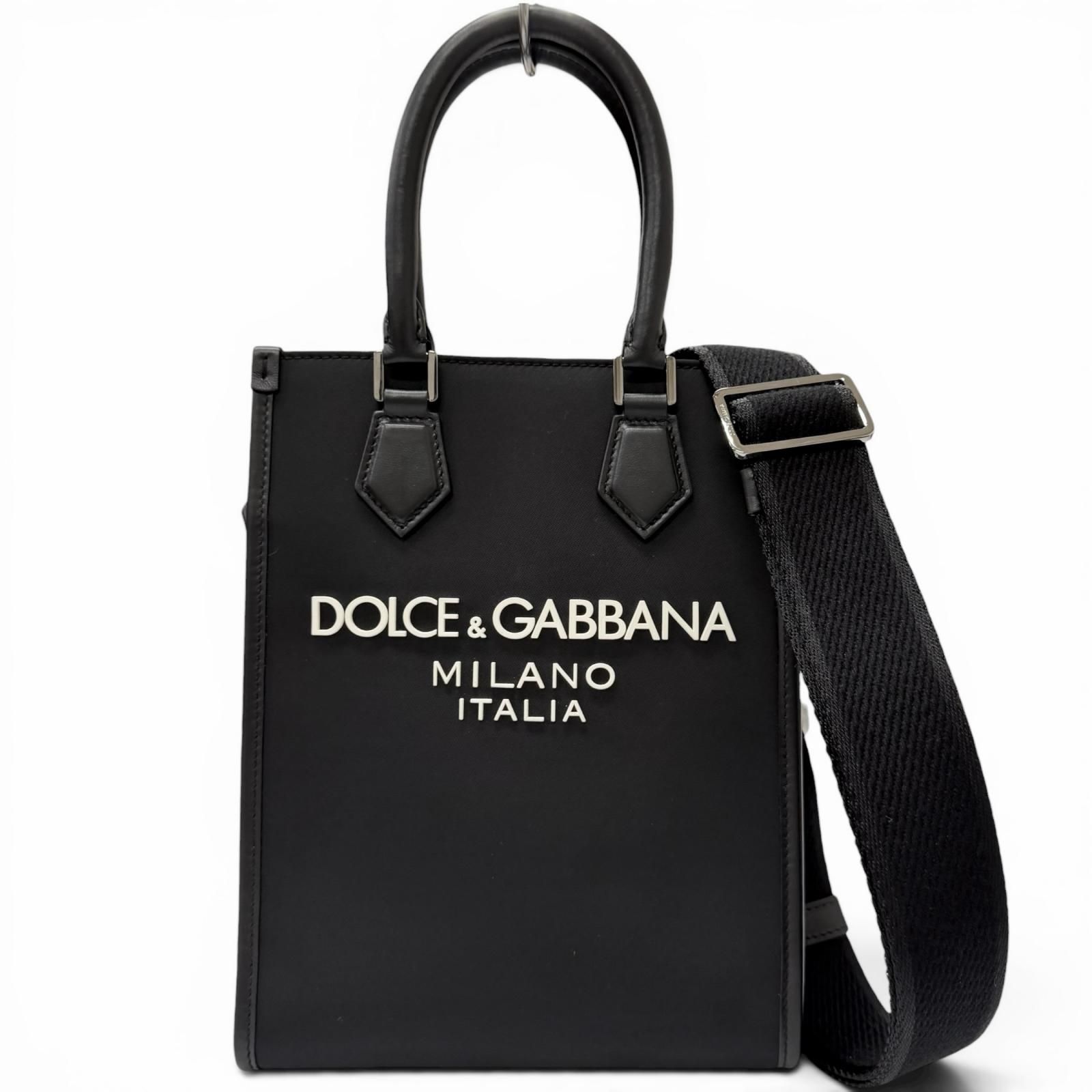 極美品□DOLCE&GABBANA ドルチェ＆ガッバーナ スモール ナイロン ラバライズドロゴ 一部レザー 2way ハンドバッグ ショルダーバッグ ブラック イタリア製 メンズ 保存袋付き 定価229,900円