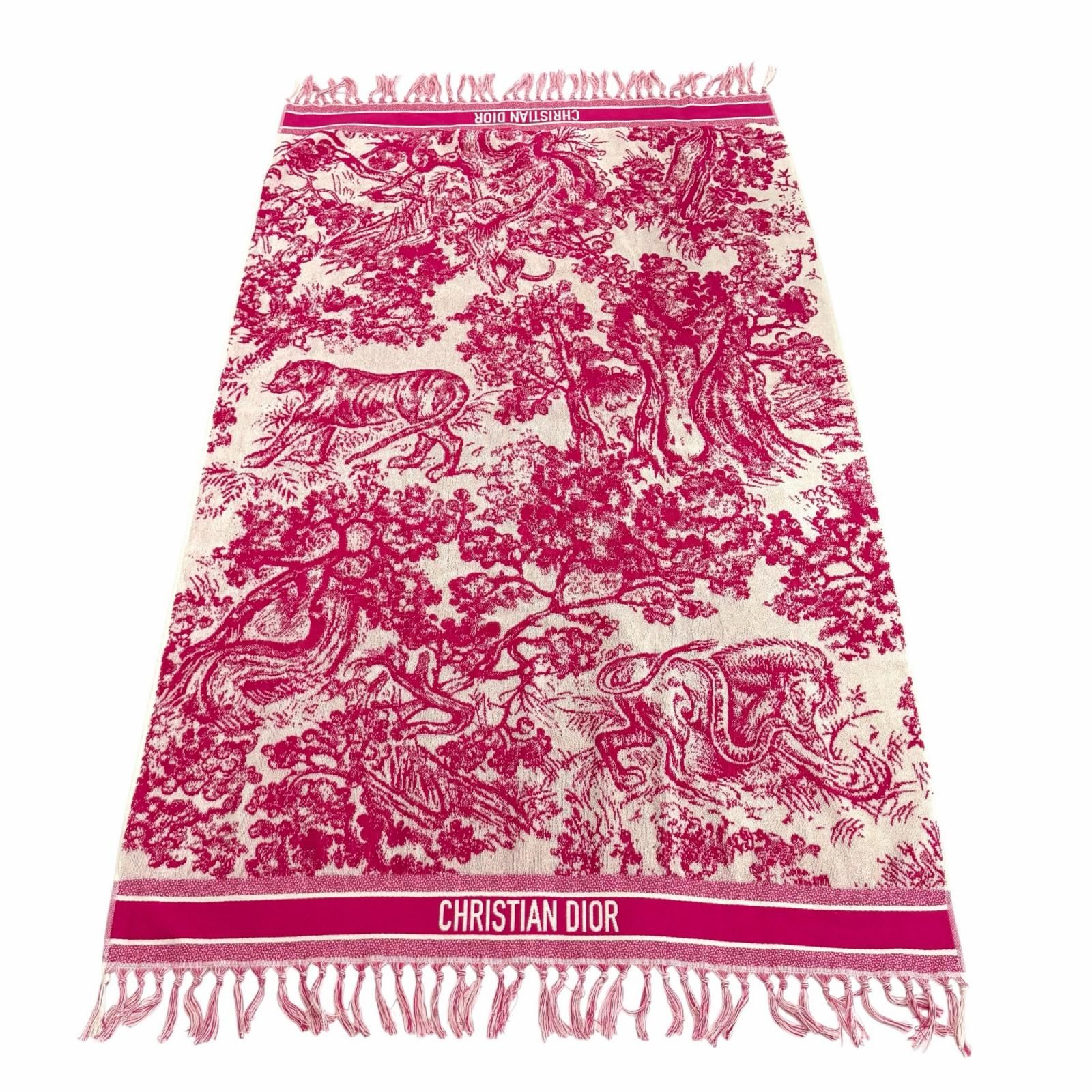 極美品★Christian Dior クリスチャンディオール 11TDJ801I901 Toile de Jouy トワル ドゥ ジュイ コットン100％ ロゴ入り フリンジ付 ビーチタオル ブランケット ピンク ベージュ イタリア製 正規品 レディース