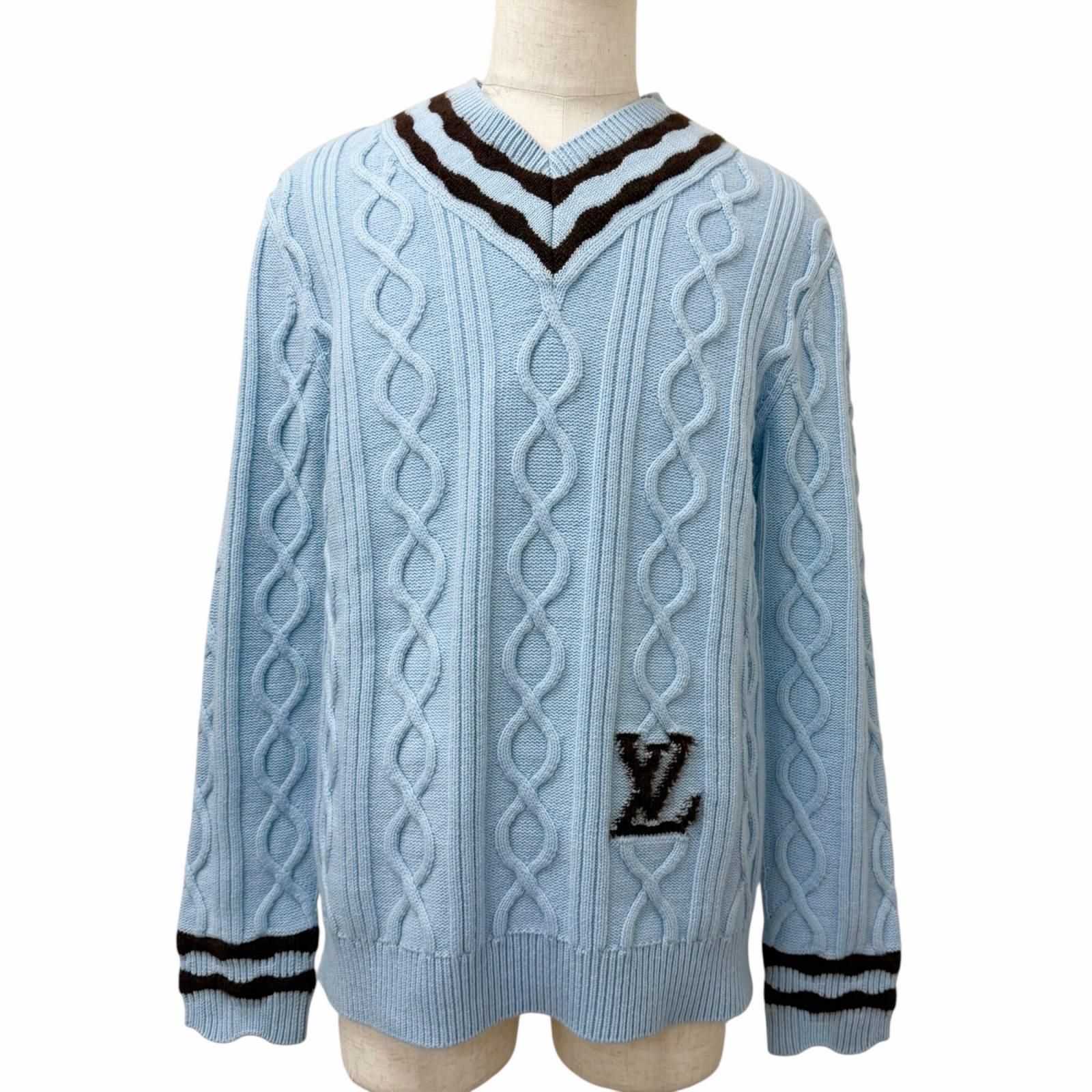 極美品□LOUIS VUITTON ルイヴィトン 24AW ウール モヘア LVロゴ ケーブル編み Vネック ニット セーター ライトブルー S イタリア製 正規品 メンズ