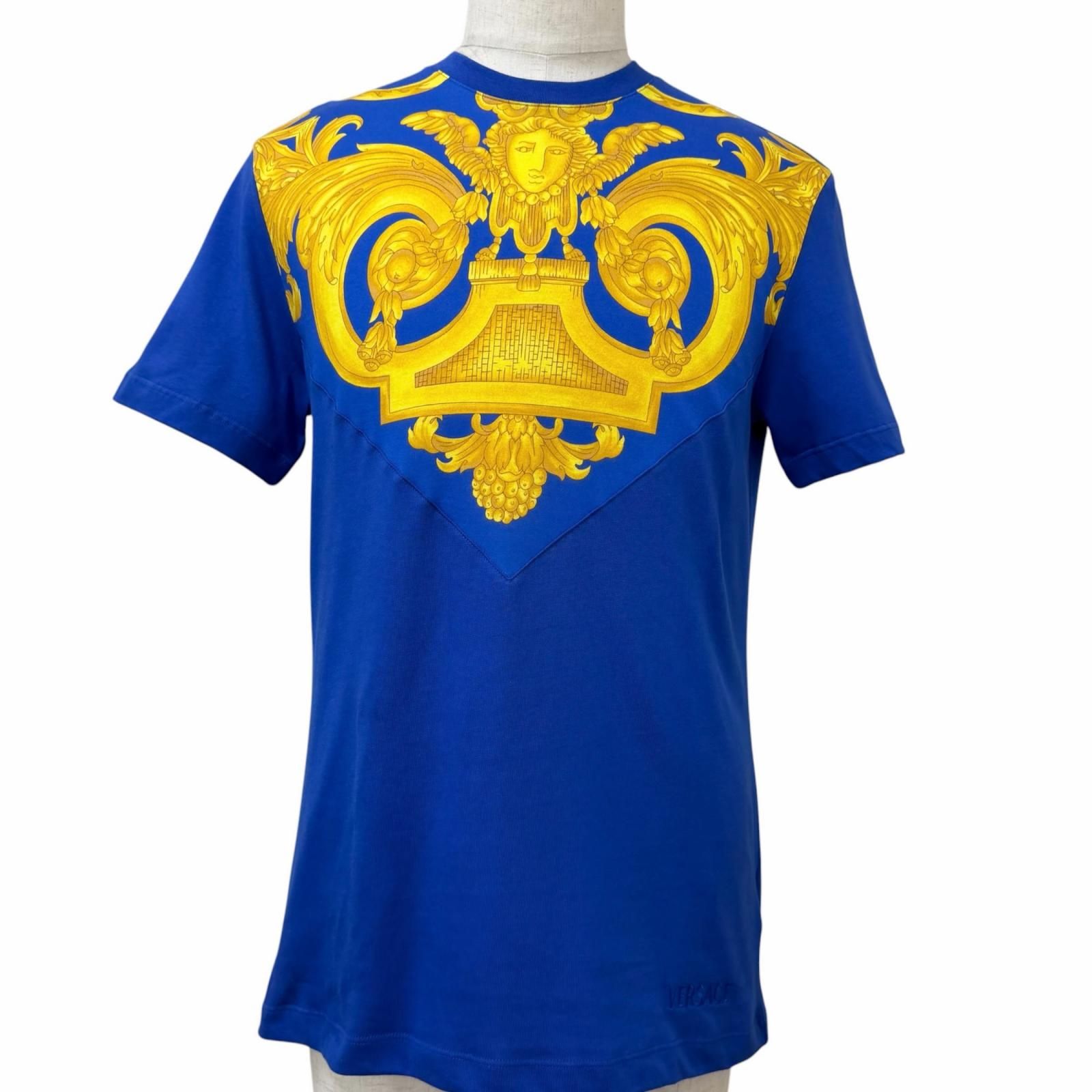 未使用品□VERSACE ヴェルサーチ 2023年製 1012174 バロック メデューサ ロゴ刺繍 半袖Ｔシャツ カットソー ブルー イエロー M 正規品 メンズ 箱付き