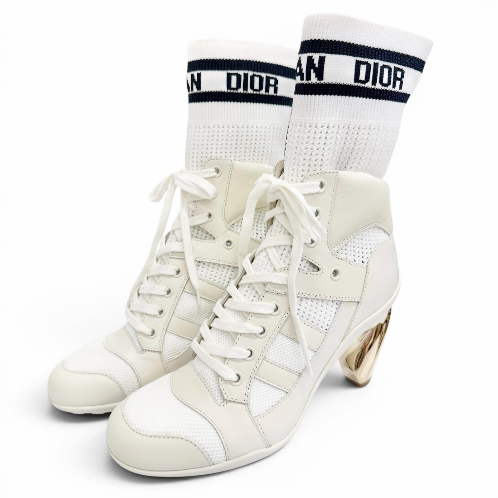 未使用品△Christian Dior クリスチャンディオール D-ZENITH レザー レースアップ ロゴ ソックスブーツ アンクルブーツ オフホワイト 37.5 イタリア製 レディース 箱・保存袋付き