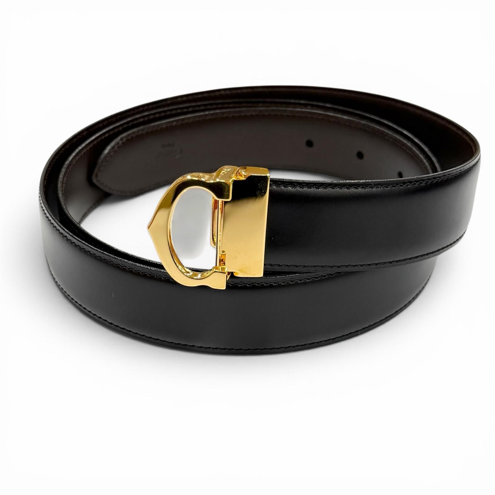 極美品▼Cartier カルティエ マスト ドゥ カルティエ レザー リバーシブル ベルト ブラック ダークブラウン ゴールド金具 フランス製 メンズ 箱付き
