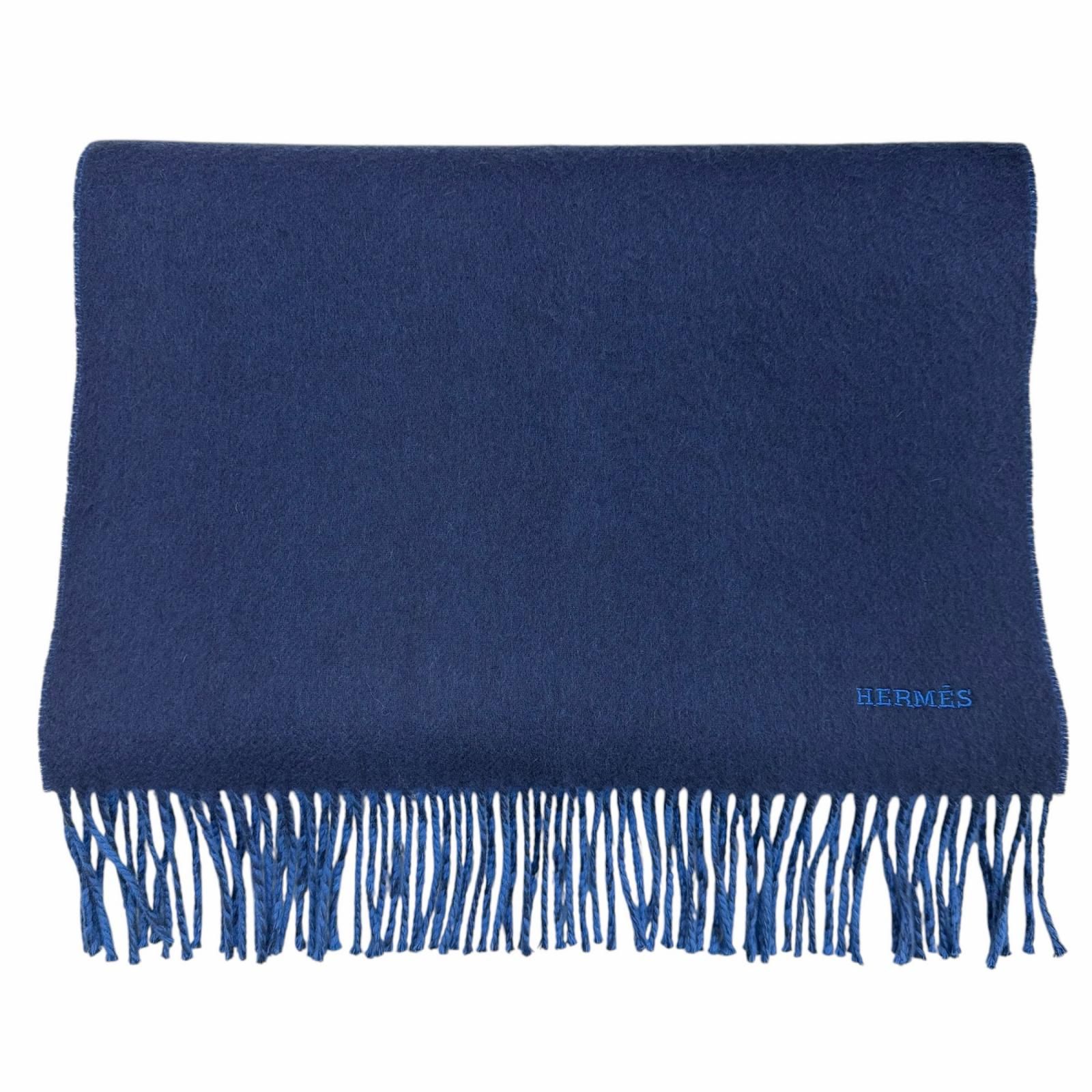 極美品▼HERMES エルメス レクトヴェルソ カシミヤ100% バイカラー ロゴ刺繍 フリンジ付き リバーシブル マフラー ネイビー ブルー 英国製 メンズ 箱付き