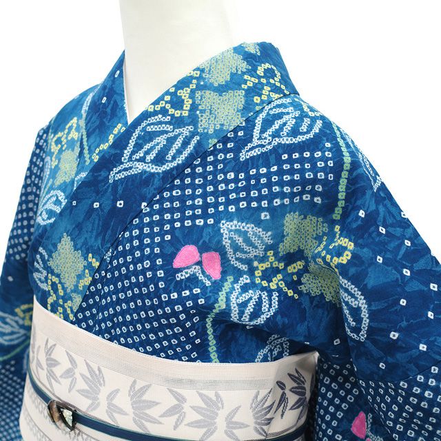 中古】有松 浴衣 本場有松鳴海絞り 夏物 紫陽花 蝶 藍色 レディース