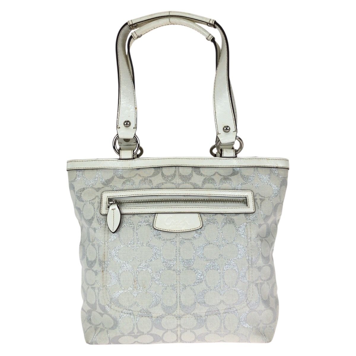 COACH コーチ シグネチャー ホワイト シルバー金具 キャンバス/レザー 