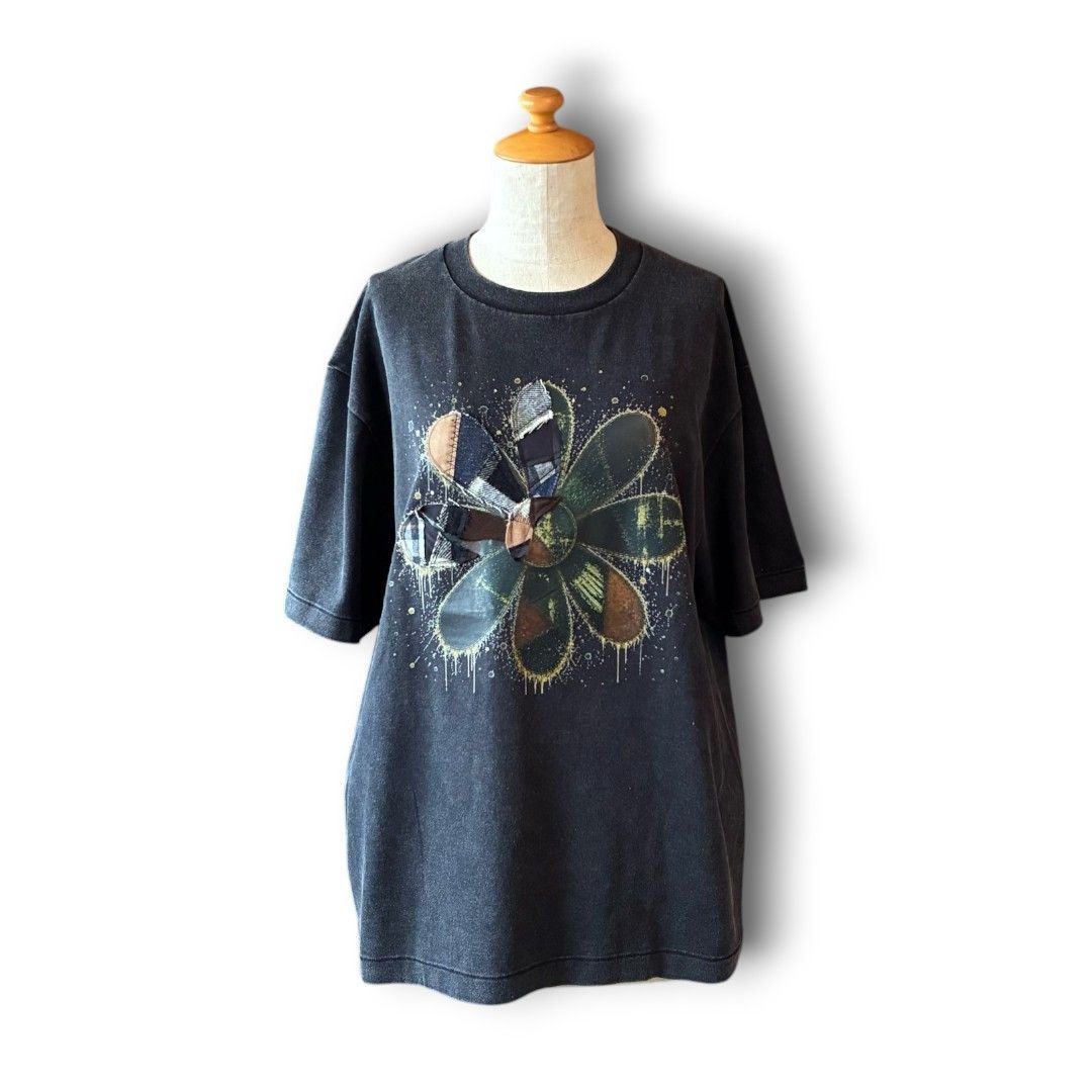 再構築フラワーアートプリントフェード加工Tシャツ 一点物｜アップサイクル パッチワークアートTシャツ【zivun】