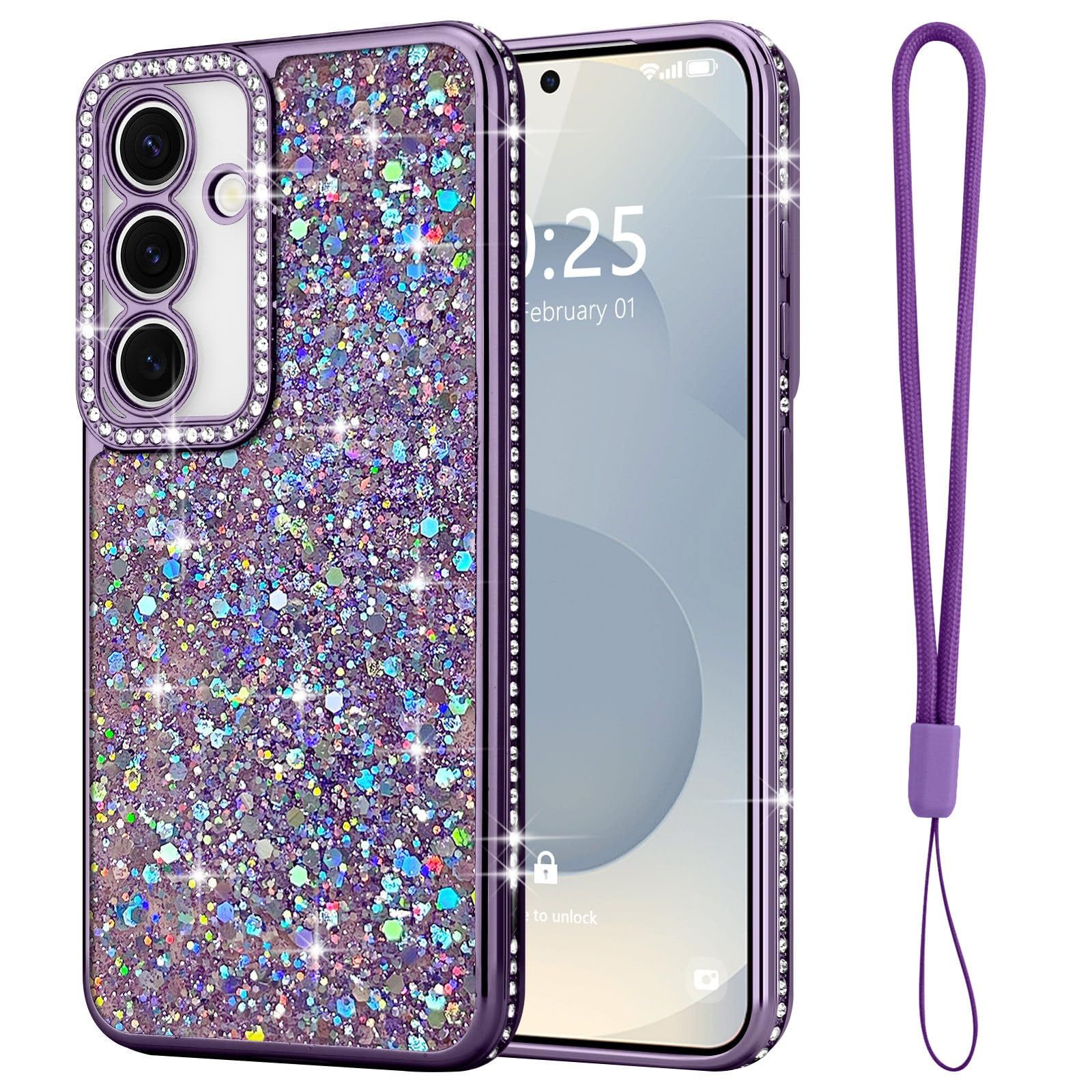 Lafunda Samsung Galaxy S25 用 ケース キラキラ ダイヤモンド スマホケース 女性 かわいい ラメ 軽量 スリム 耐衝撃 ワイヤレス充電対応 ギャラクシー S25 用 シリコーン保護ケース ストラップ付き パープル
