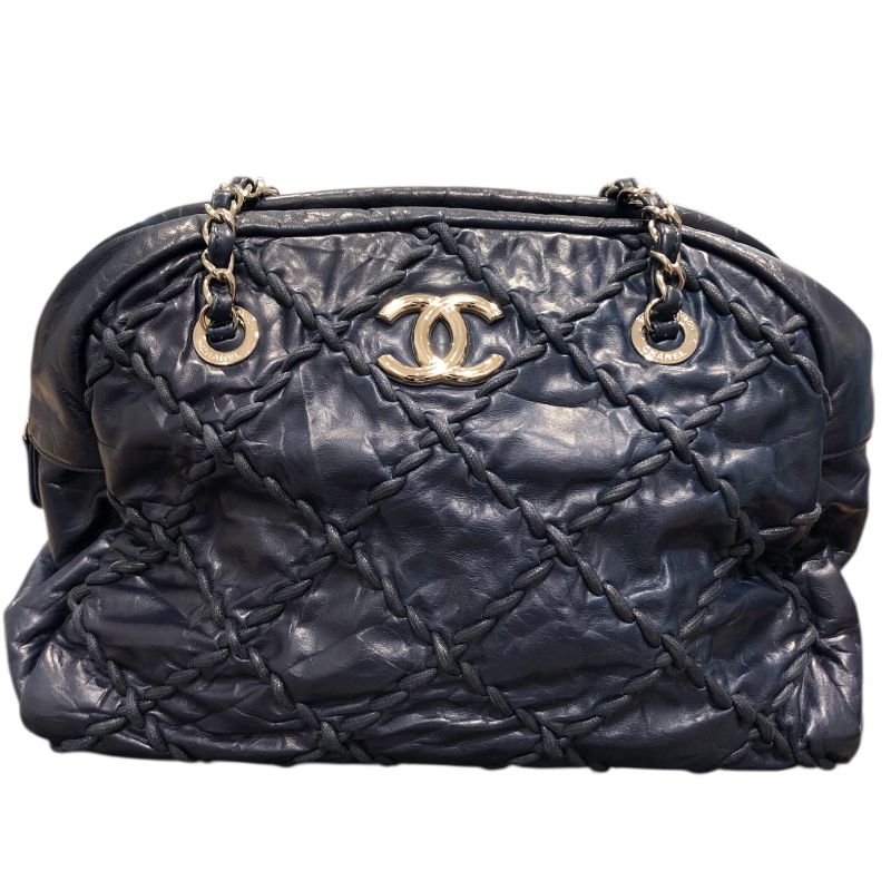 シャネル CHANEL ウルトラステッチチェーンハンドバッグ 8桁15番台 ネイビー シルバー金具 レザー レディース ハンドバッグ