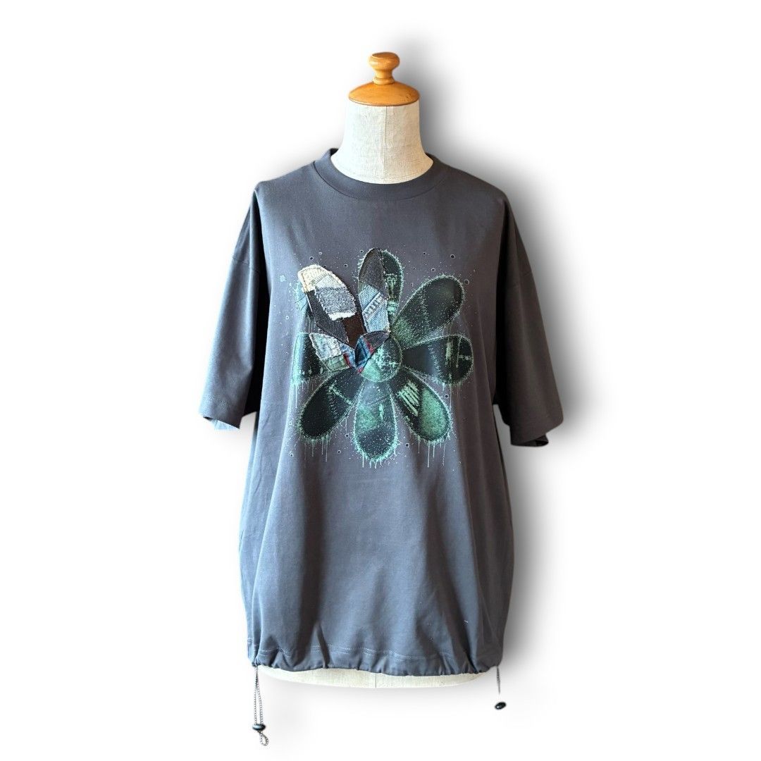 再構築フラワープリントTシャツ ドローコード付き 一点物｜不完全パッチワークアートTシャツ【zivun】
