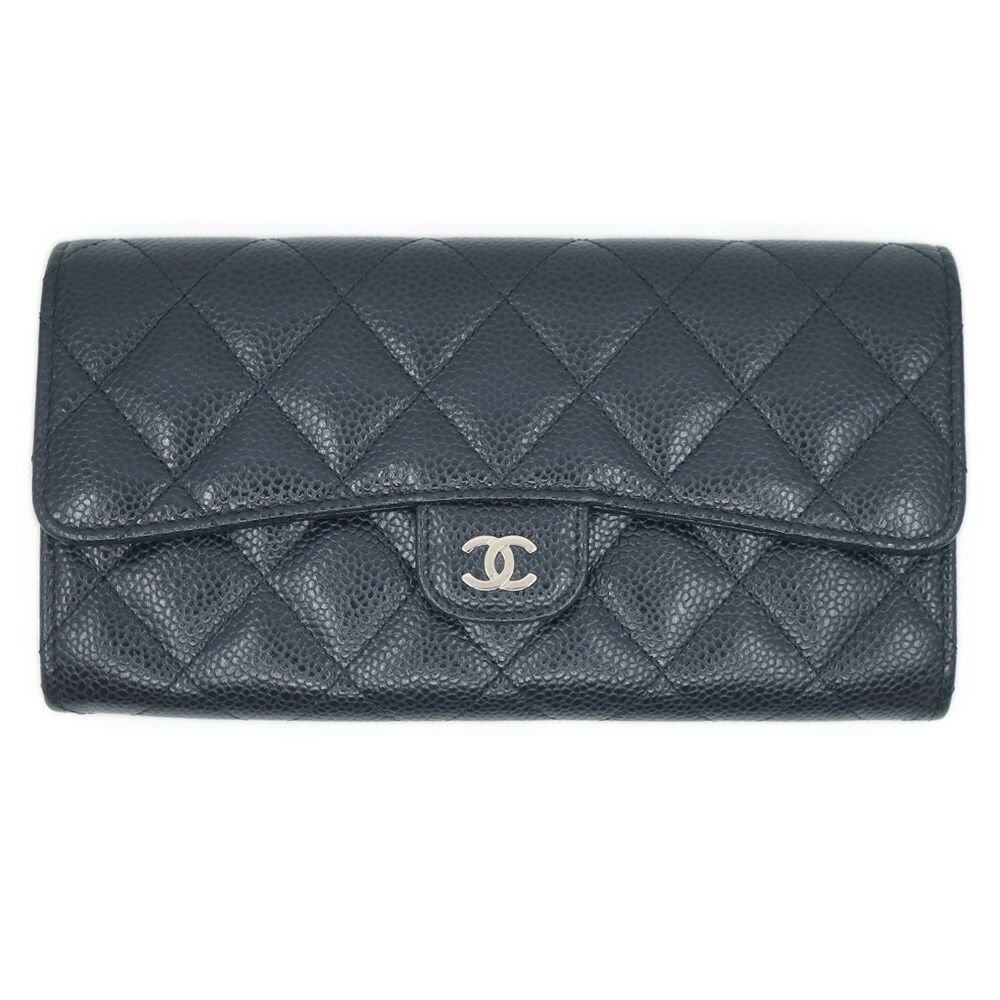 【栄】シャネル ココマーク マトラッセ ロングフラップウォレット 長財布 ブラック シルバー金具 キャビアスキン レザー レッド 小物 その他 箱