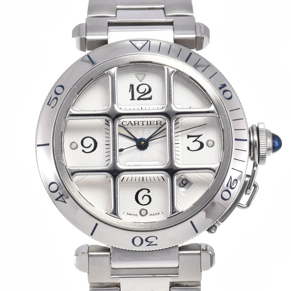 カルティエ CARTIER W3104055 パシャ グリッド デイト シルバー 自動巻き メンズ 美品 袋付き 腕時計 L#148146