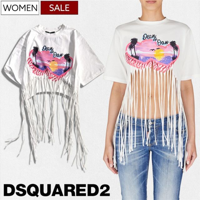 【定価59,400円(税込)】DSQUARED2 ディースクエアード クロップド丈とフリンジで魅せる パームツリーデザイン Tシャツ クルーネック ティシャツトップス ロゴ Easy Fit Tee ホワイト S72GD0499S24668 イタリア製 レデ