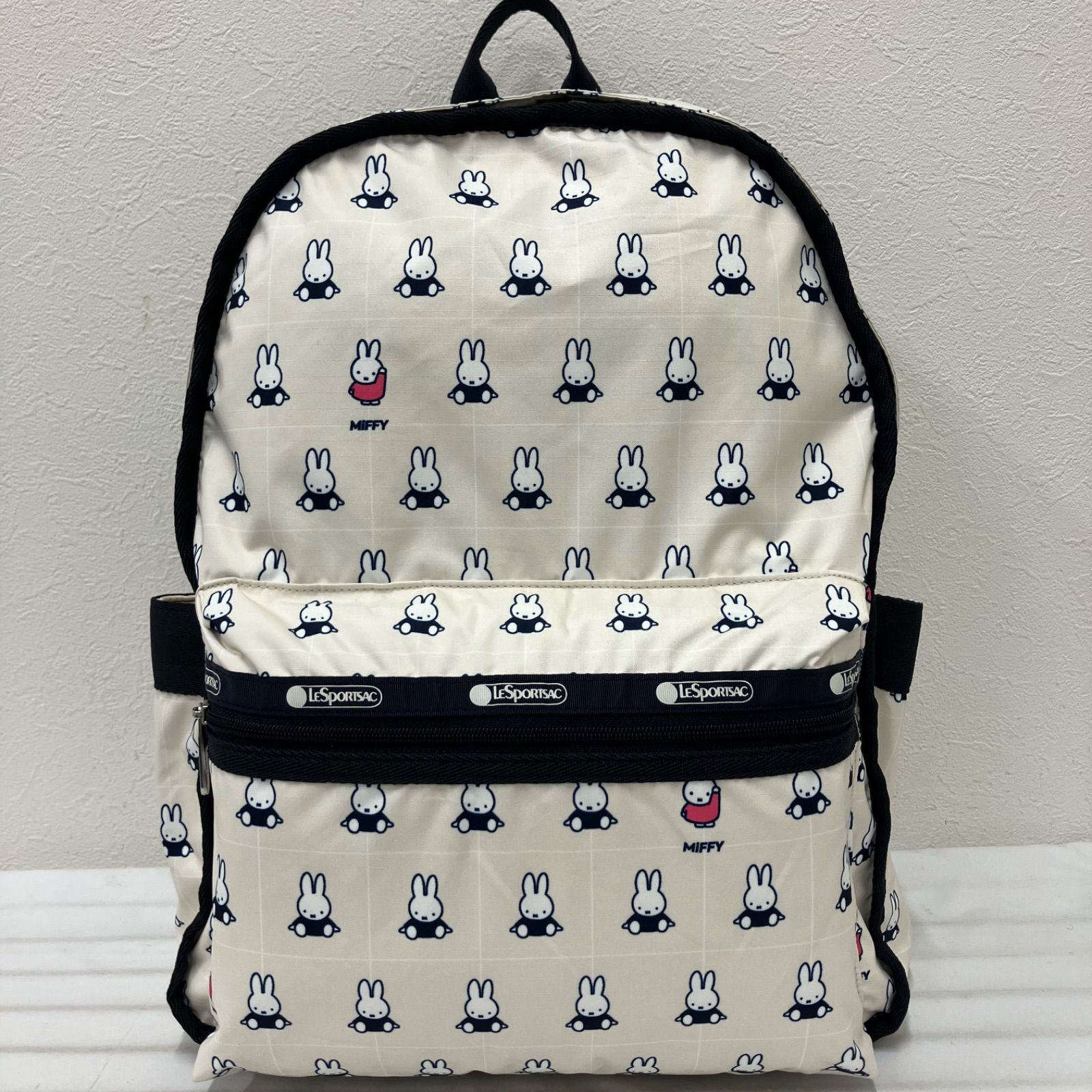 4797　【美品】　LeSportsac　レスポートサック　Dick Bruna　ディック・ブルーナ　ミッフィー　コラボ　MIFFY GRID CHECK　ミッフィーグリッドチェック　リュックサック　リュック　バックパック　オフホワイト　ネイビー　アイボリー