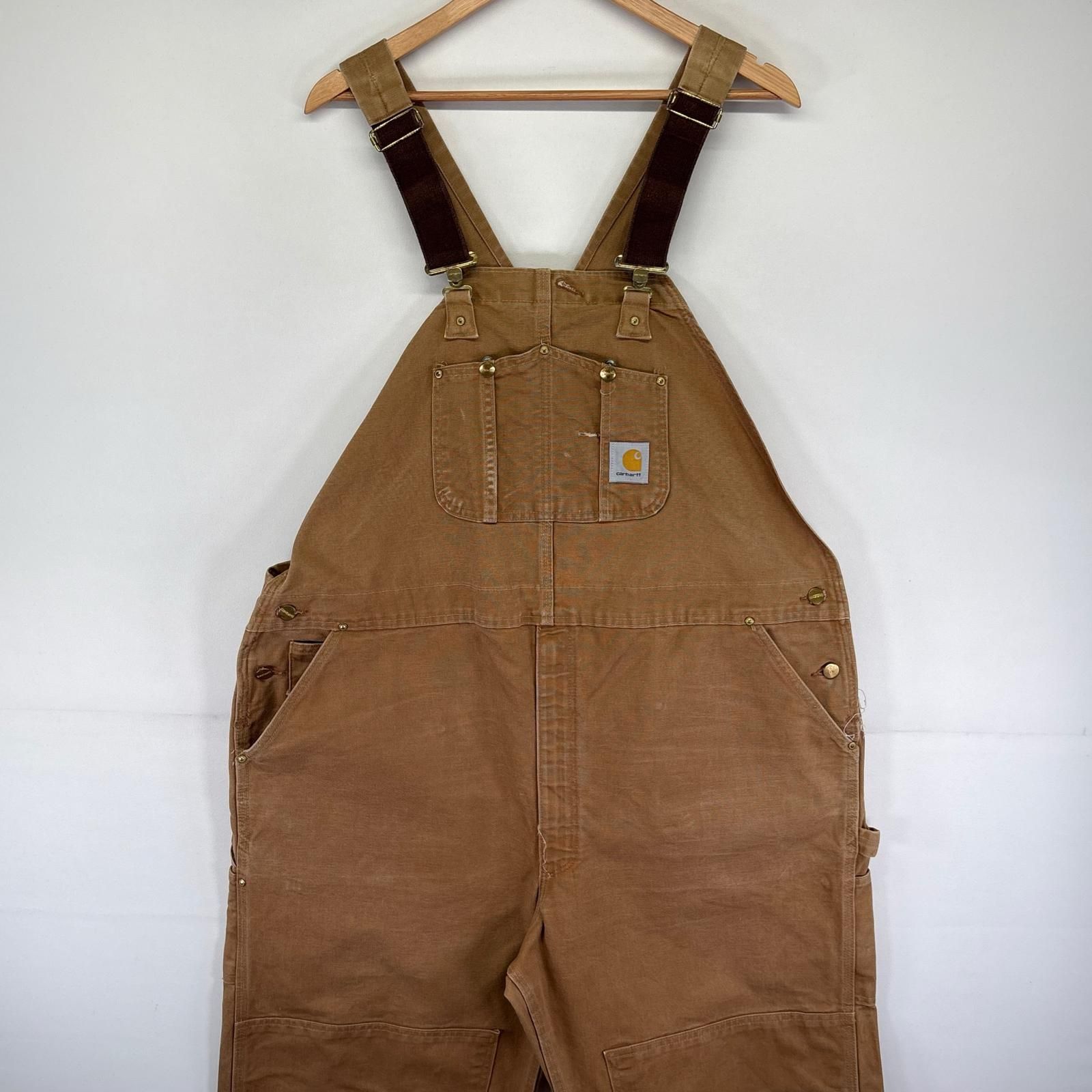 古着 カーハート Carhartt ダック オーバーオール ワーク ワンポイントロゴ ダブルニー ハンマーループ W48 L30 ベージュ系 メンズ