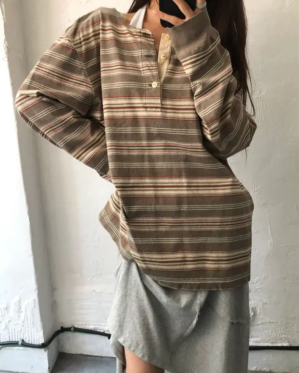 RRL(ダブルアールエル) ブラウン ストライプ ヘンリーネック ロングスリーブ