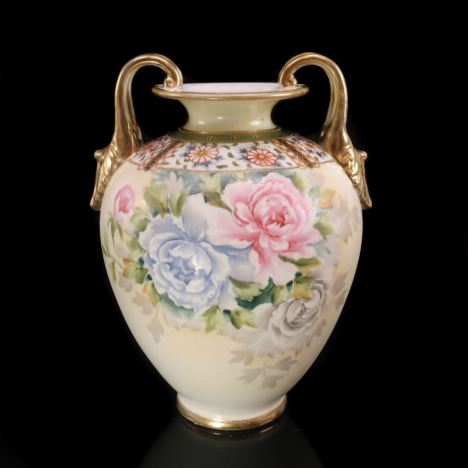 【NORITAKE】ノリタケ オールドノリタケ 金彩薔薇絵双耳花瓶 M-NIPPON印 1910年頃（ 明治43年頃 ） アメリカ輸出向け 陶磁器 _ 花瓶