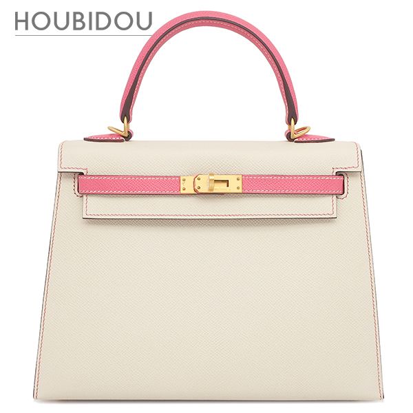 エルメス HERMES 2WAYバッグ ケリー25 外縫い ヴォーエプソン クレ×ローズアザレ マットゴールド金具 オフホワイト ピンク 【PO品】 A 【保存袋】【中古】