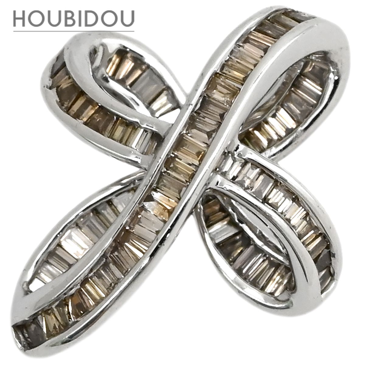 ペンダントトップ ダイヤ 0.37ct ホワイトゴールド Au750 18K WG ブラウンダイヤ バゲットカット クロスオーバーデザイン 【中古】