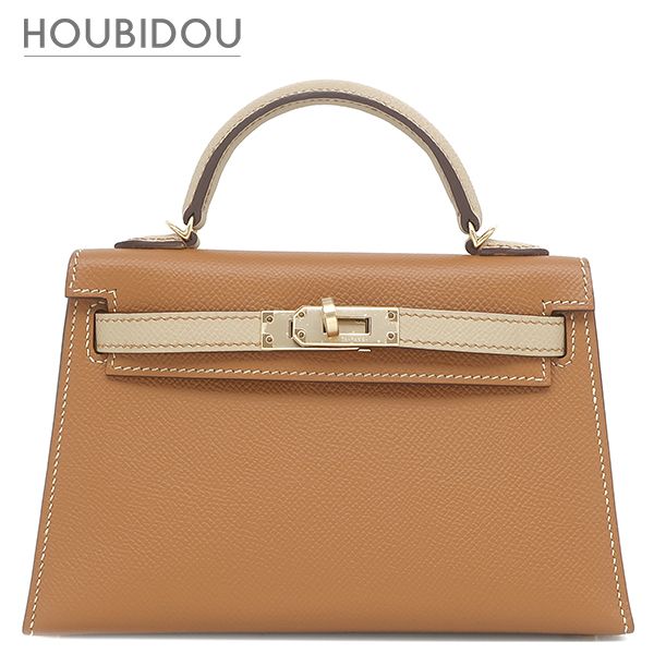 エルメス HERMES 2WAYバッグ ミニケリードゥ 外縫い ヴェルソ ヴォーエプソン ゴールド×トレンチ シャンパンゴールド金具 茶 ベージュ 【PO品】 Y 【箱】【中古】