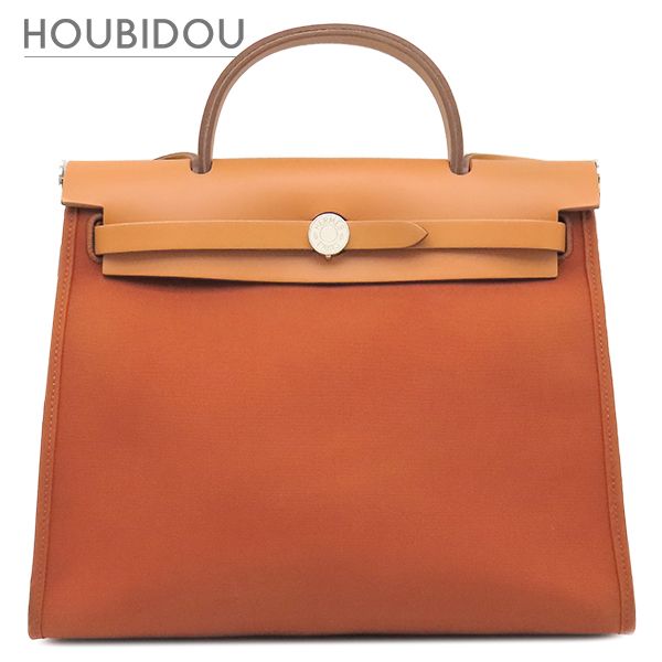 エルメス HERMES 2WAYバッグ エールバッグジップPM 31 トワルオフィシエ ヴァッシュハンター オレンジ×ナチュラル シルバー金具 茶 バイカラー A【中古】