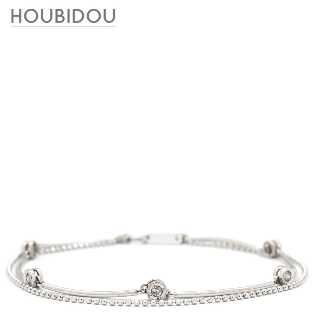ブレスレット ダイヤモンド 0.20ct ホワイトゴールド Au750 18K 18金 WG 2連レイヤード ボールチェーン 【中古】