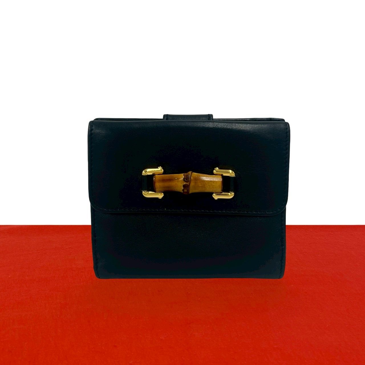 極 美品 GUCCI グッチ オールドグッチ ヴィンテージ バンブー レザー 本革 二つ折り財布 ウォレット 札入れ 小銭入れ ダークネイビー 35832