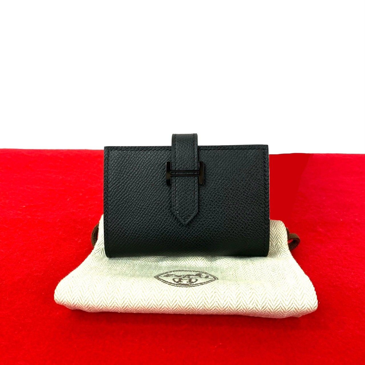 未使用保管品 袋付 W 刻印 HERMES エルメス ベアン カードケース モノクローム ヴォーエプソン レザー 名刺入れ パスケース ブラック 20412