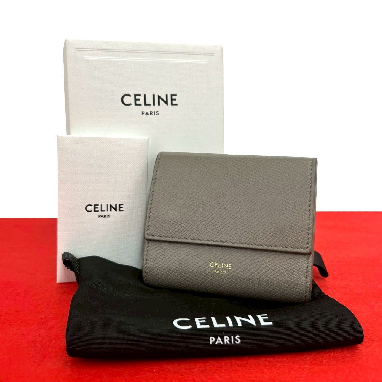 極 美品 箱 袋付き CELINE セリーヌ トリフォールド ウォレット レザー 三つ折り 財布 ミニ ウォレット 札入れ 小銭入れ グレー 39718