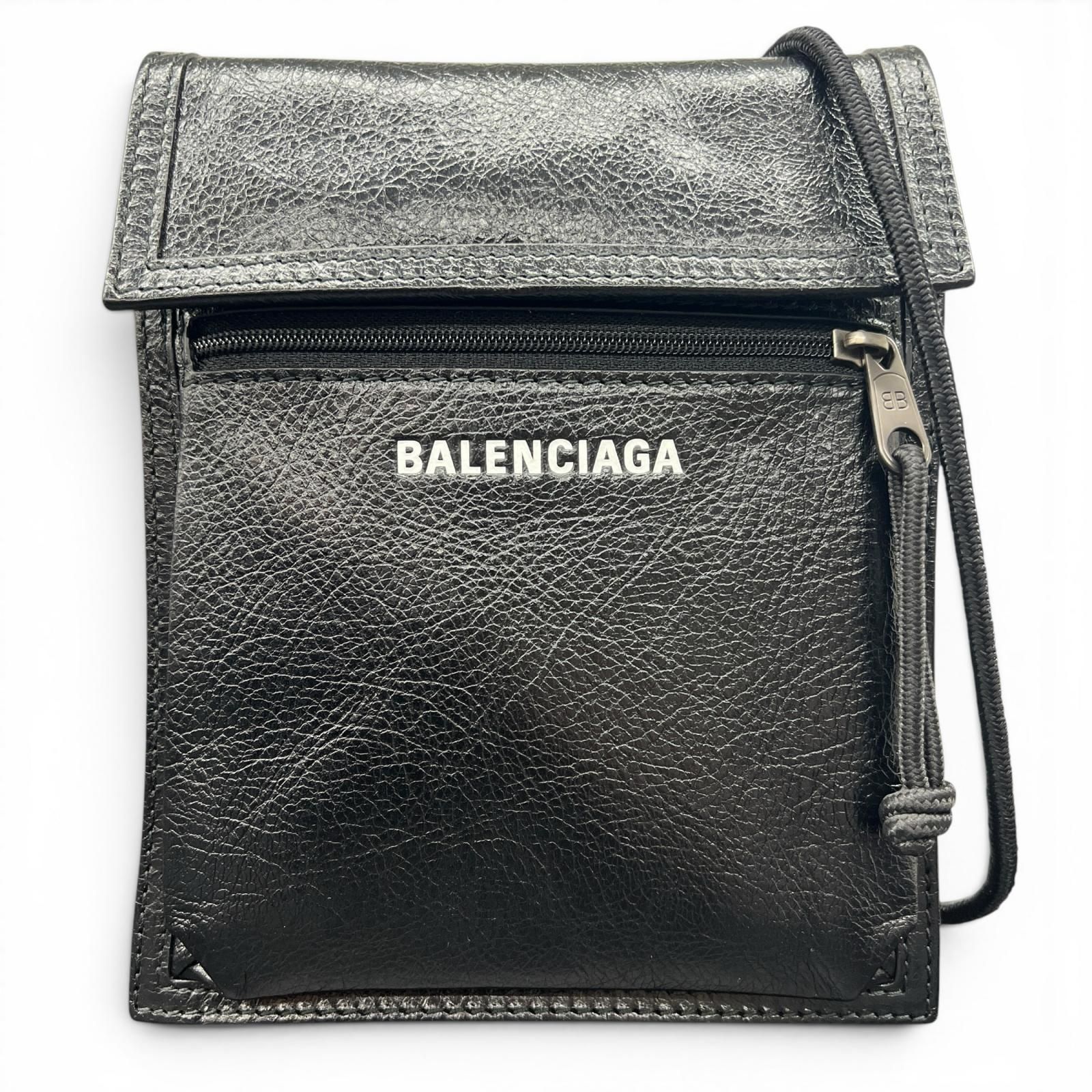 BALENCIAGA 極美品 バレンシアガ エクスプローラー ショルダーバッグ 532298 レザー ブラック ロゴ クロスボディ ポシェット サコッシュ Aランク 中古 鑑定済 バレンシアガバッグ