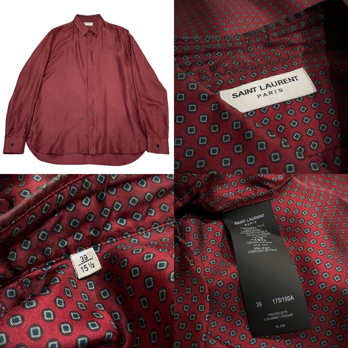 SAINT LAURENT PARIS 2022 総柄比翼シルクシャツ ブラウス トップス