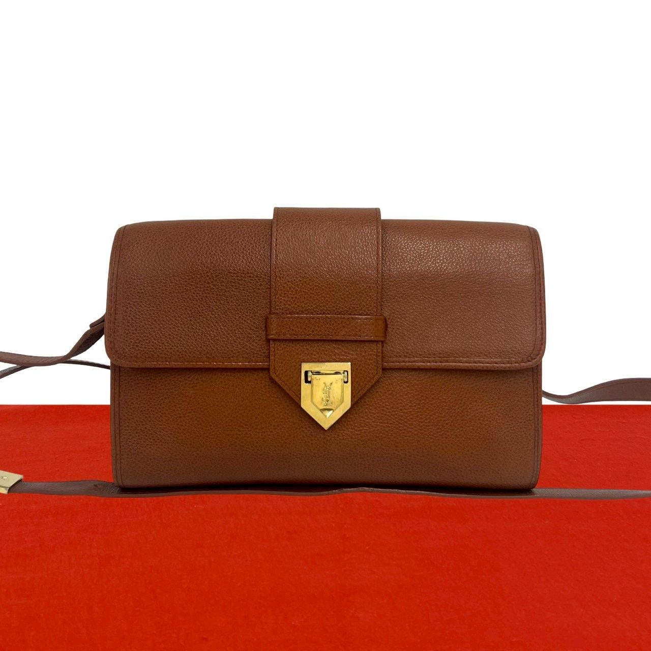 極 美品 YVES SAINT LAURENT イヴ・サンローラン ヴィンテージ YSL ロゴ 金具 レザー 本革 ショルダーバッグ ポシェット ブラウン 36066