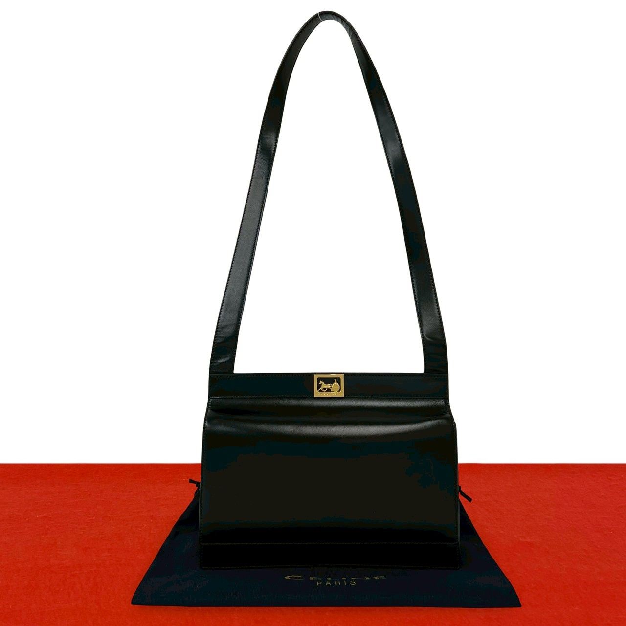 極 美品 希少品 保存袋付 CELINE セリーヌ サルキー ロゴ 馬車金具 カーフ レザー 本革 セミ ショルダーバッグ ブラック 黒 75266