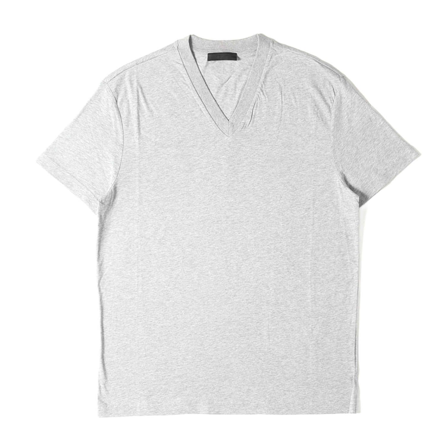 【美品】PRADA プラダ Tシャツ グレー サイズ:M | 三角ワッペン付き プレーン Vネック Tシャツ | トップス カットソー 半袖【メンズ】【中古】
