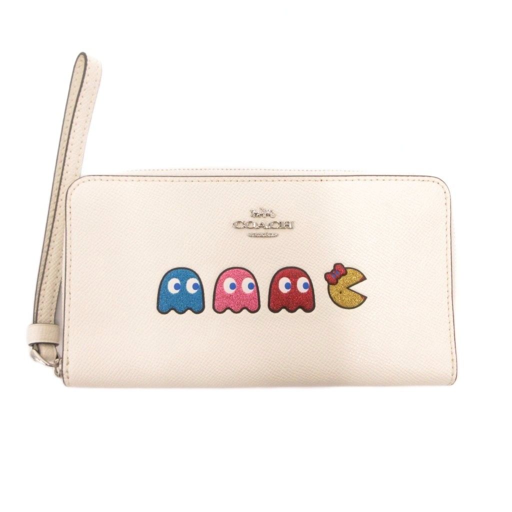コーチ COACH F73444 パックマンコラボ 長財布 ウォレット ゴースト柄 ラウンドファスナー グリッター レザー 白 ホワイト /JS ■GY18